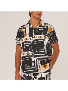 Riachuelo Incerti Tropical Print Button Down Shirt L Black Gold Vacation Resort